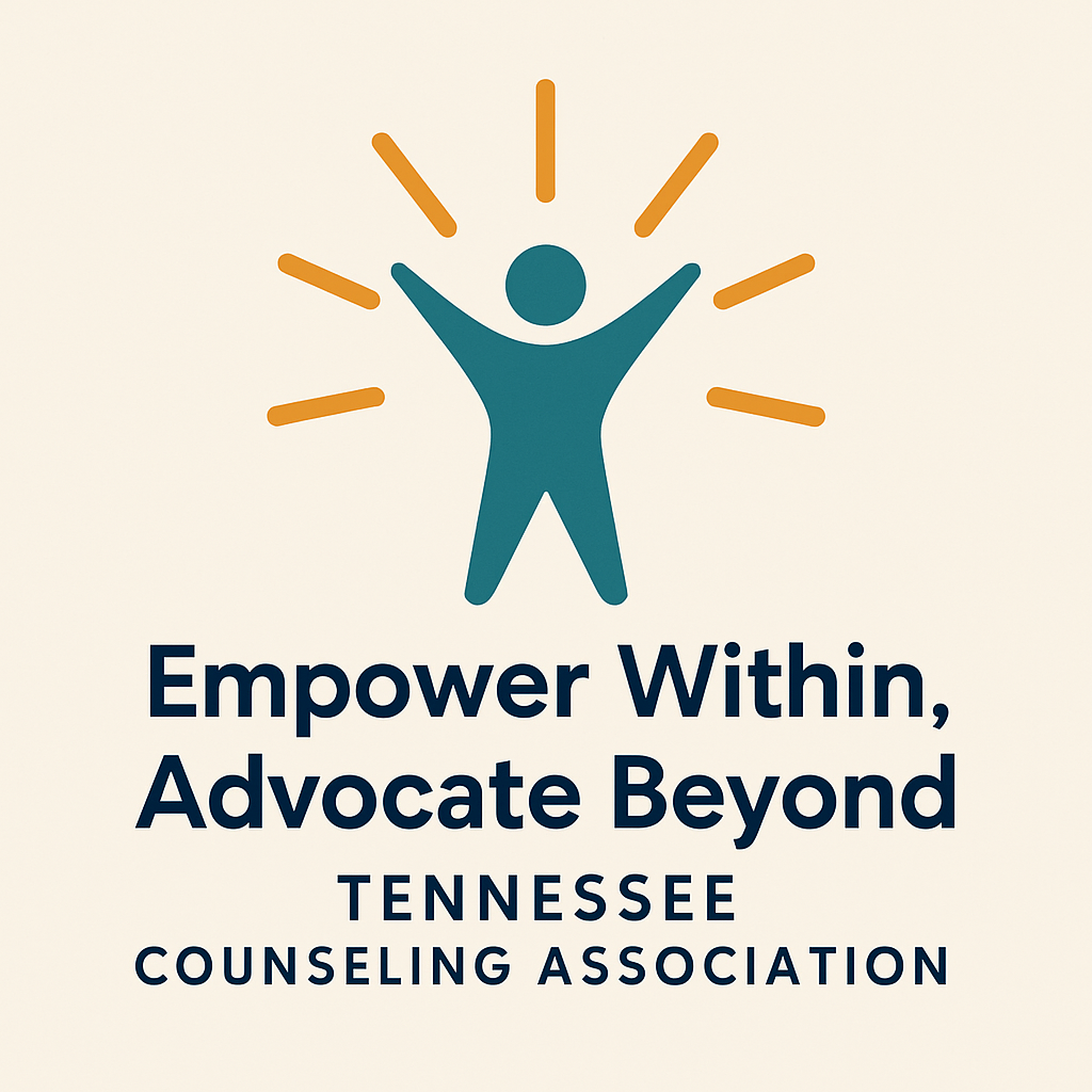 A person with hands in the air and the conference theme "Empower Within, Advocate Beyond" TN Counseling Association